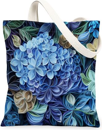Generic Spring Quilting Paper Hydrangea Flower Canvas Tote Bag for Shopping 13x15, Floral Wildflower Reusable Grocery Print Bag for Women, Garden Beach Aesthe
