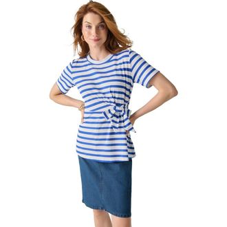 Jessica London Tie-Front Short Sleeve Knit Tee in Sapphire White Stripe at Nordstrom, Size Medium