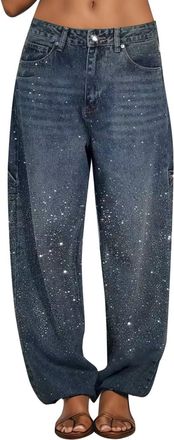 Generic Pull On Wide Leg Jeans for Women Sparkly Sequin Glitter Jeans Trousers High Waisted Stretchy BaggyTummy Control Straight Leg Jean Denim Pants Streetwe