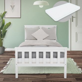 ML Design Ml-design - Estructura De Cama De Madera Maciza De Pino Blanco 90 X 200 Cm Con Colch&oacute;n De Espuma Fr&iacute;a Oeko-tex 100 Somier Armaz&oacute;n De Listones Cabecero