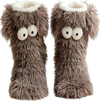 Generic Friends Cozy Socks Womens Winter Warm Fuzzy Slipper Socks, Cute Big Eyes Thick Fleece Floor Socks with Non-Slip Grips for Indoor Home Wear (Gray)