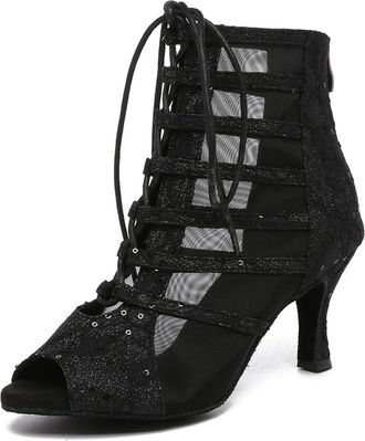 Minitoo Ladies Dance Boots Heels Elegant Mesh Prom Evening Ankle Sandals Shoes L596 Black 7.5cm Heel UK 4