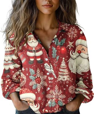Generic Womens Casual Christmas Long Sleeve Button Down Shirt - Printed Holiday Patterns for Family Gatherings & Xmas Parties (UK, Alpha, XXL, Regular, Regula