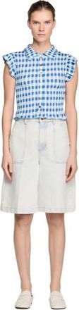 Sandro Check smocked T-shirt in Blu /White at Nordstrom, Size X-Small