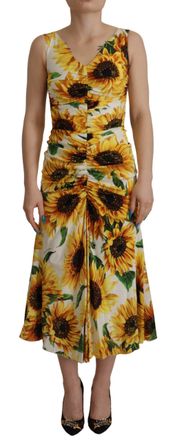 Dolce & Gabbana Witte Zonnebloemprint Sheath Midi Dameszijde