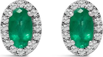 House of Brilliance 10K White Gold 5x3 MM Oval Cut Birthstone and Diamond Halo Stud Earrings in Green Emerald at Nordstrom