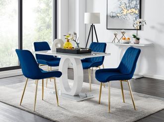 Furniturebox Giovani 4 Grey Dining Table & 4 Pesaro Gold Leg Chairs in Navy