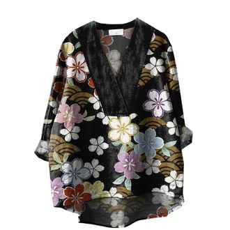 Generic Tops Women Womens Blue Line Print Japanese Traditional Geometric Pattern Printed Casual Cotton and Linen V Neck Shirt Ladies Swing Tops Size 22 (Black