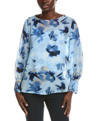Anne Klein Printed Chiffon Pleated Cuff Shirt
