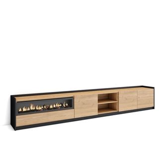 Skraut Home Mueble tv efecto madera roble negro 310x37x50cm chimenea efecto fuego