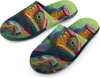 Generic Chameleon with Rainbow Color Flannel Mens Slip-on Slippers Winter Warm House Shoes with Rubber Sole for Home Hotel