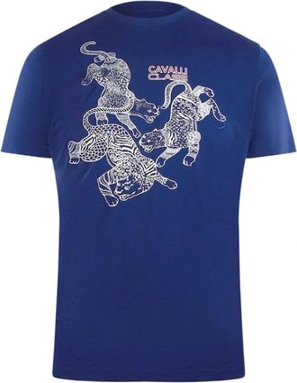Roberto Cavalli Mens Cavalli Class Paisley Leopards Logo Blue T-Shirt - Size: 42