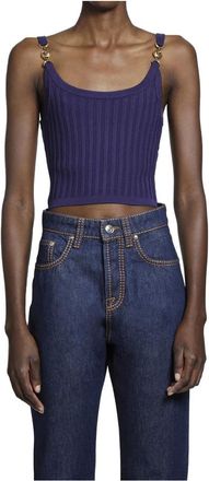 Versace Stretch Viscose Mesh Ribbed Knit Top - Dames - Tops zonder mouwen - Paars - XS - Nylon - Tops