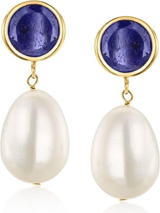 Ross-Simons 9.5-10mm Cultured Pearl and Sapphire Drop Earrings in 14kt Yellow Gold