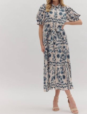 Entro Puff Sleeves & Tie Waist Floral Midi Dress In Ink Blue