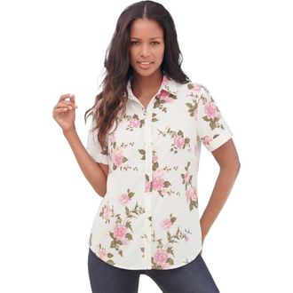 Roaman's Plus Size Kate Short Sleeve Easy Cotton-Blend Button-Front Shirt in White Mixed Flowers at Nordstrom, Size 24