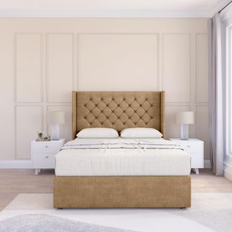 Sloomy Dior Dumfries Wingback Bed Set, No Drawers & 54 Floor Standing Headboard in Light Beige | Size: Small Double