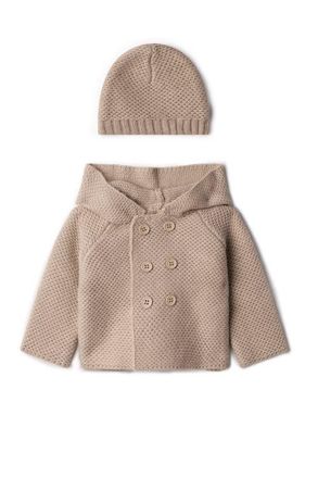 Lux Cozy Knit Button-Front Hooded Jacket and Matching Hat Set in Stone Mix at Nordstrom, Size 12M