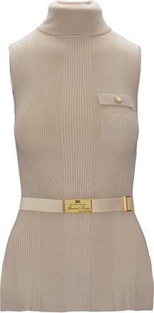 Elisabetta Franchi Geribbelde mouwloze coltrui met riem - Dames - Coltruien - Beige - XL - Truien & Vesten