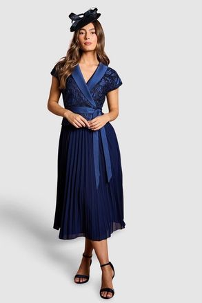 Coast Lace Wrap Top Pleat Tux Midi Dress in Navy at Nordstrom, Size 4