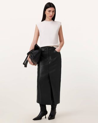 AllSaints Womens Sheep Leather Eden Leather Midi Skirt, Size: UK 16/US 12