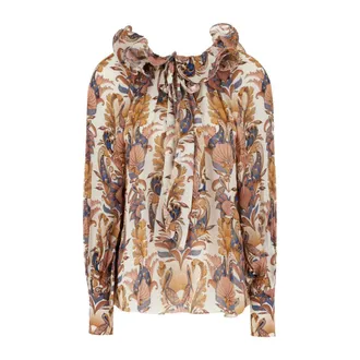 Farm Rio FARM Rio, Blouses, female, Multicolor, Size: XS Sea Garden Ruffled Long Sleeve Blouse