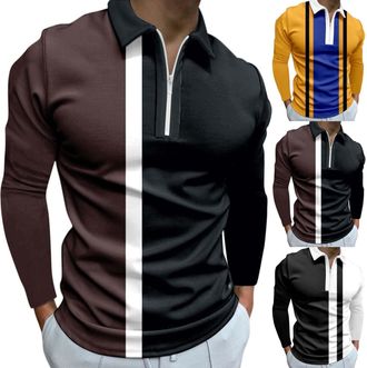 Generic Mens Striped Polo Long Sleeve Long Sleeve Polo Shirts Mens 1/4 Zip Lightweight Golf Shirt Vintage Collared Shirt Fashion Work Shirts Stripe Tennis Pol