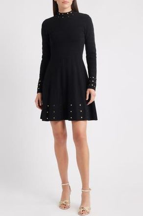Vince Camuto Metallic Rivet Detail Long Sleeve Fit & Flare Ottoman Knit Dress in Black at Nordstrom Rack, Size X-Large