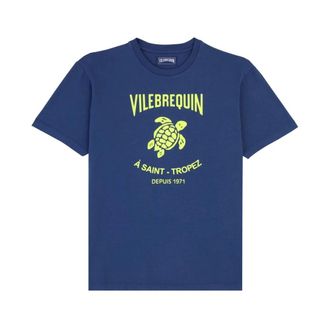 Vilebrequin Cotton T-Shirt Printed Turtle Logo - Heren - Tops - Blauw - Maat: M Katoen