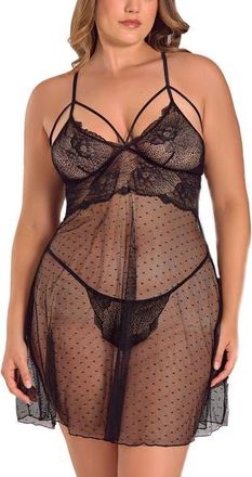iCollection Romantic Lace Soft Cup Babydoll & Panty Set in Black at Nordstrom, Size 1X