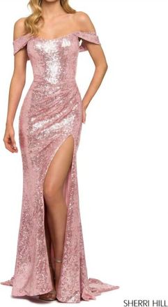 Sherri Hill Formal Off-Shoulder Sequin Gown In Pink