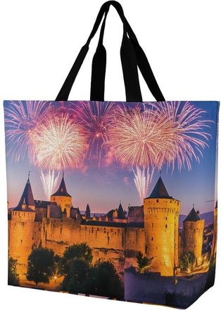 Generic Fireworks Carcassonne Castle France Tote Bag Reusable Grocery Shopping Bags Large Travel One Shoulder Handbag for Picnic Work