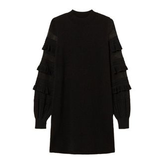 Twinset Kleedjes, Dames, Zwart, XS, Mini gebreide jurk met ruches en opengewerkte mesh
