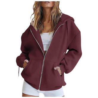 Generic Womens Long Sleeve Sweatshirts Casual Hooded Jackets with Pockets Oversized Zip Up Hoodies Lightweight Ladies Large Womens Zippe Sweatshirt (L) Wine