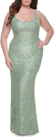 La Femme Fitted Beaded Lace Plus Size Prom Dress with Illusion Waist in Sage at Nordstrom, Size 18W