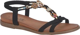Jo & Joe Ladies Braided T-Strap Design Embellished Trim Elasticated Back Strap Flat Sandals (Black Flower, UK Footwear Size System, Adult, Women, Numeric, Medi