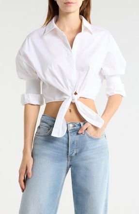 Staud Lisa Crop Button-Up Tie Waist Top in White at Nordstrom, Size X-Small
