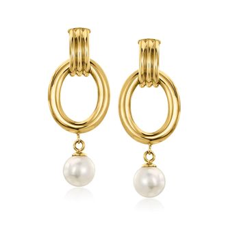 Ross-Simons Italian 8-8.5mm Cultured Pearl Oval Drop Earrings in 14kt Yellow Gold