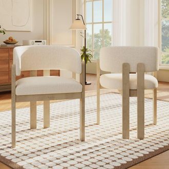 Merax Set of 2 Natural Wood Boucl&eacute; Dining Chairs in Beige