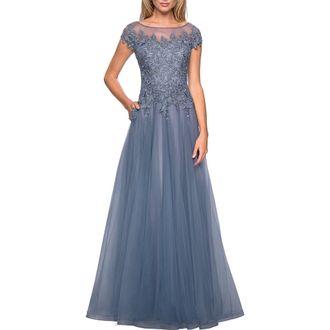 La Femme Long Tulle Gown with Lace Bodice and Pockets in Smoky Blue at Nordstrom, Size 18