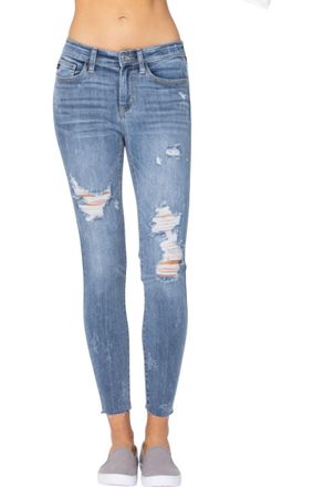 Judy Blue Destroyed Raw Hem Skinny Jeans In Medium Blue
