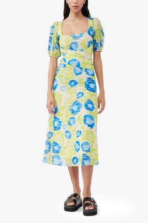 Ganni Blue Printed Mesh Puff Sleeve Midi Dress - Size 32 Recycled Nylon