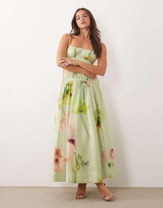 Asos Vestito lungo arricciato con spalline sottili e schiena scoperta con stampa astratta-Multi