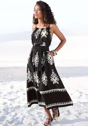 Lascana Midikleid LASCANA, Damen, Gr. 34, N-Gr, schwarz (schwarz, sand bedruckt), Web, Obermaterial: 100% Viskose, bedruckt, figurumspielend ca. Mitte Wade, R