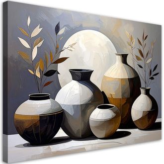 Feeby Cuadro Sobre Lienzo, Naturaleza Muerta Jarras Hojas En Beige, 100x70