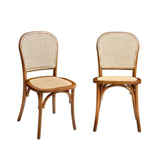 Sweeek Silla vintage de madera y rat&aacute;n, set de 2, nogal