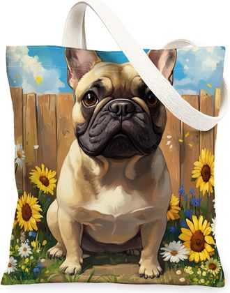 Generic Spring French Bulldog Dog Canvas Tote Bag for Shopping 13x15, Sunflower Fence Puppy Reusable Grocery Print Bag for Women, Farmhouse Pet Beach Aestheti