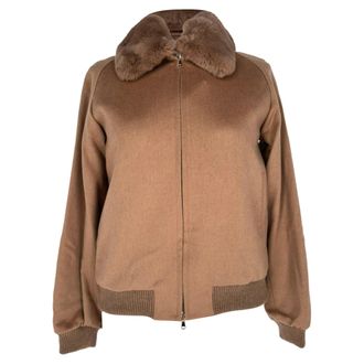 Max Mara Fur-Trimmed Bomber Jacket in Brown Camel Hair