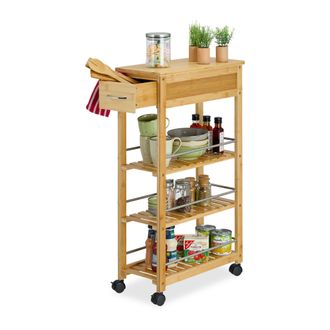 Relaxdays Carrito Auxiliar Cocina, Camarera Con Ruedas, 3 Estantes, Bamb&uacute;, 86,5 X 25 X 50,5 Cm, Natural Y Plateado - Relaxdays