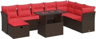 vidaXL 9 Piece Garden Sofa Set with Cushions Brown Poly Rattan Acacia Vidaxl